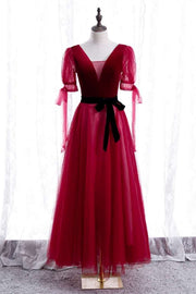 Red V Neck Puff Sleeves Bow Tie A-line knee Length Formal Dress with Sash