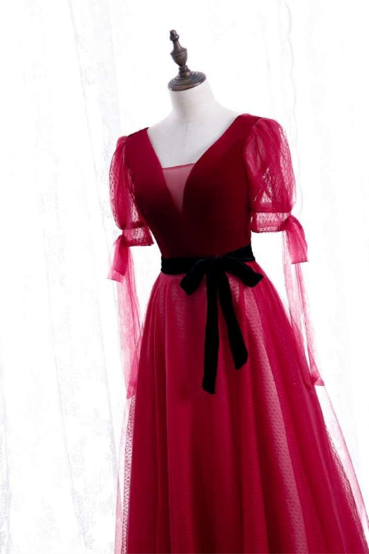 Red V Neck Puff Sleeves Bow Tie A-line knee Length Formal Dress with Sash
