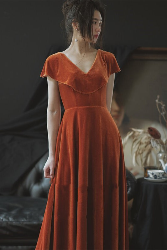 Orange Velvet Long Bridesmaid Dress with Cap Sleeves Orange US 10