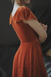 Orange Velvet Long Bridesmaid Dress with Cap Sleeves