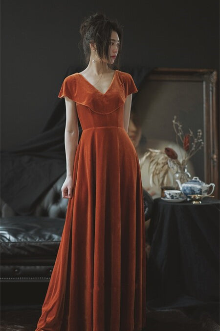 Orange Velvet Long Bridesmaid Dress with Cap Sleeves