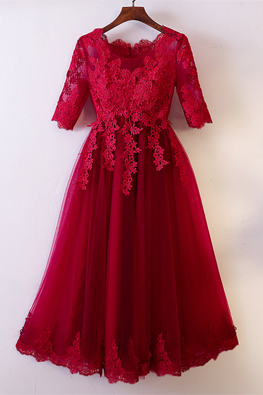 Red A-line Jewel Sleeves Lace Appliques Tulle Knee Length Formal Dress