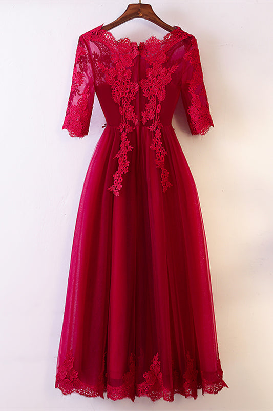 Red A-line Jewel Sleeves Lace Appliques Tulle Knee Length Formal Dress