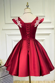 Red Flutter Sleeves V Neck Appliques Homecoming Dress with Bow