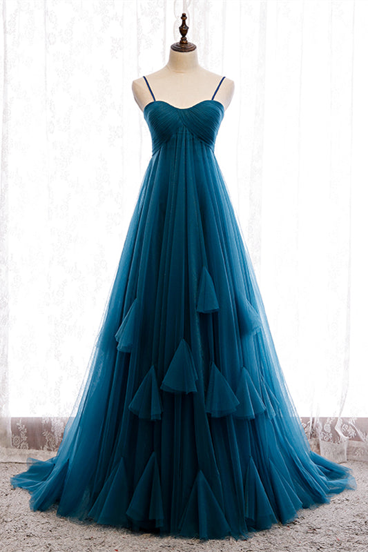 Blue Pleated Straps Ruffle Layers A-line Sweeping Maxi Formal Dress