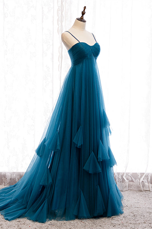 Blue Pleated Straps Ruffle Layers A-line Sweeping Maxi Formal Dress