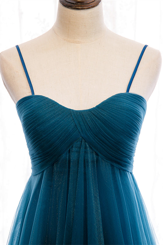 Blue Pleated Straps Ruffle Layers A-line Sweeping Maxi Formal Dress