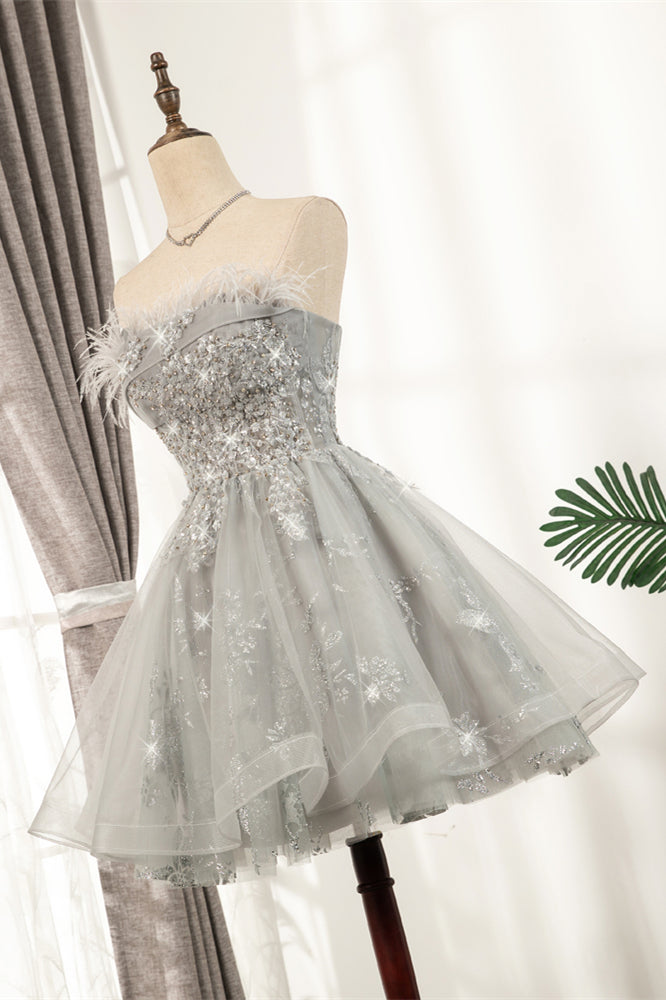 Silver Strapless Feathers Beaded Tulle Homecoming Dress