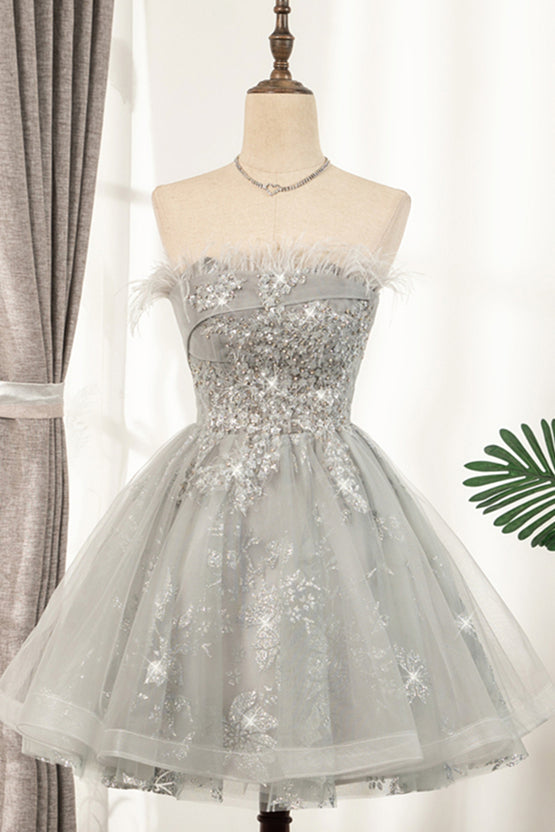 Silver Strapless Feathers Beaded Tulle Homecoming Dress