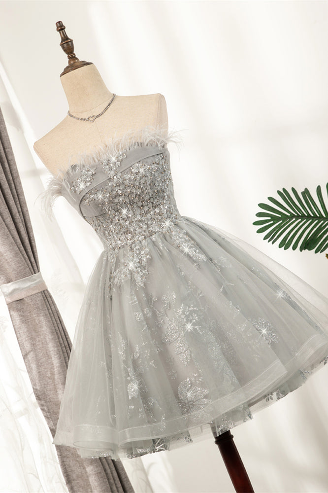 Silver Strapless Feathers Beaded Tulle Homecoming Dress