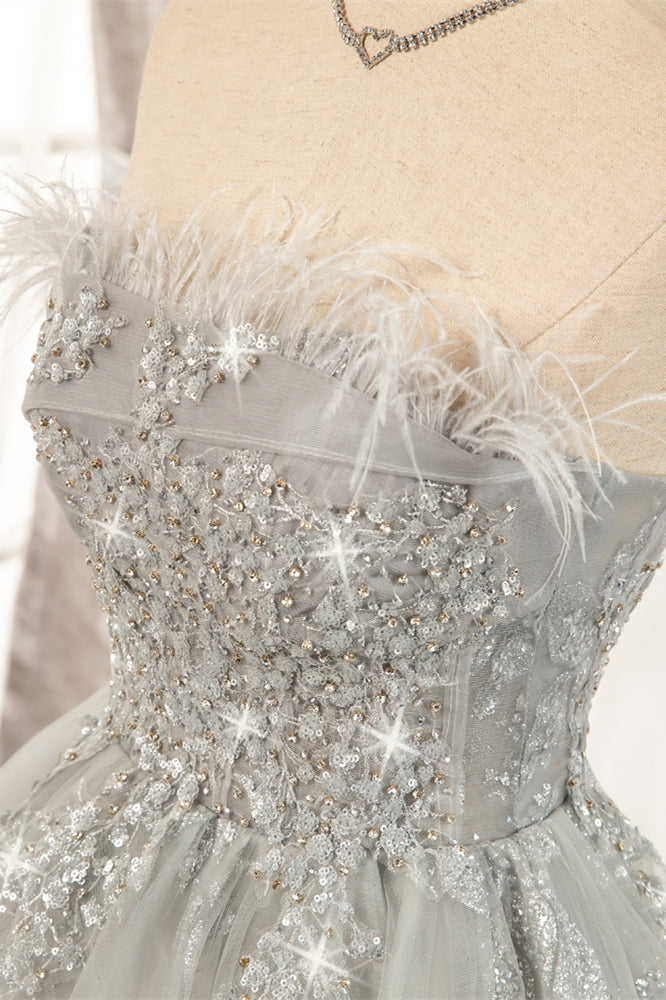 Silver Strapless Feathers Beaded Tulle Homecoming Dress
