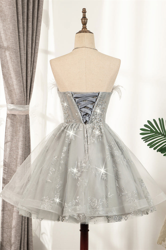 Silver Strapless Feathers Beaded Tulle Homecoming Dress