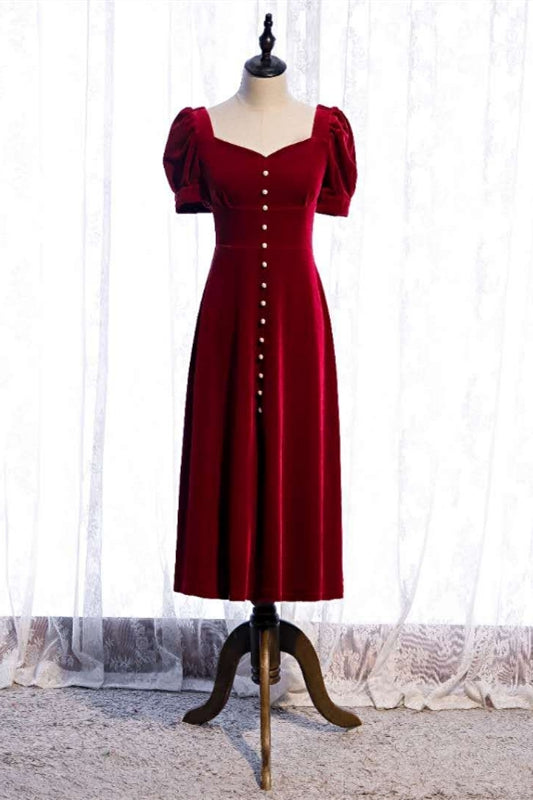 Burgundy Square Neck Puff Sleeves Bow Tie Back Tea Length Formal Dress with Buttons