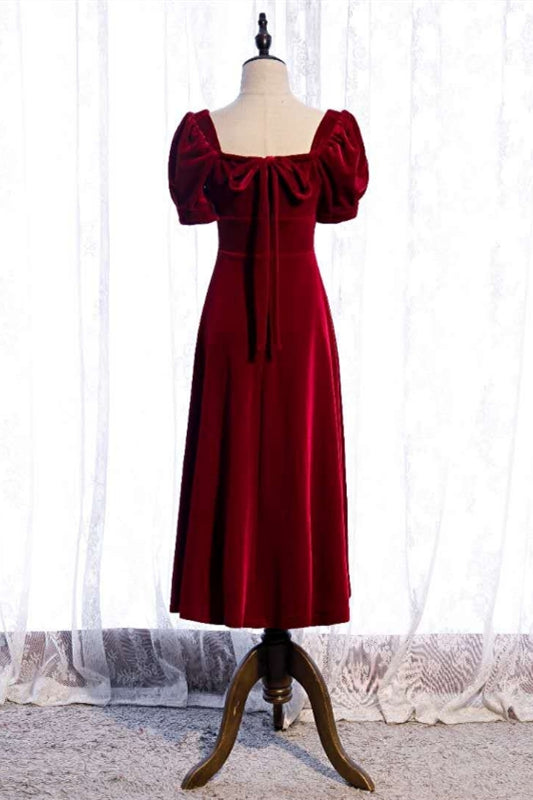 Burgundy Square Neck Puff Sleeves Bow Tie Back Tea Length Formal Dress with Buttons