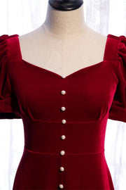 Burgundy Square Neck Puff Sleeves Bow Tie Back Tea Length Formal Dress with Buttons