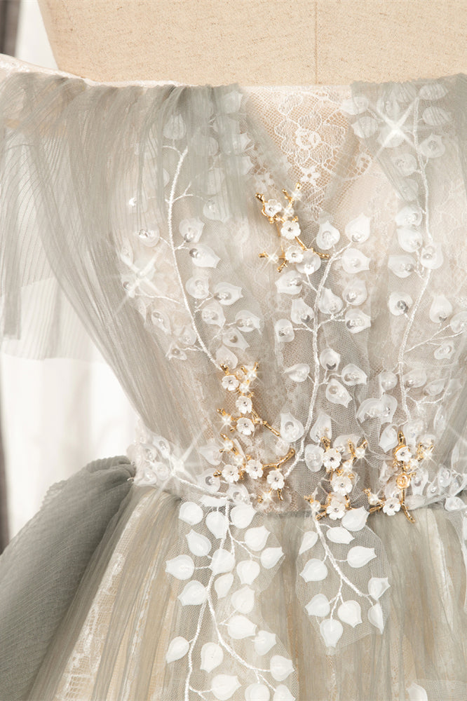 Apricot Flaunt Off-the-Shoulder 3D Appliques Tulle Homecoming Dress