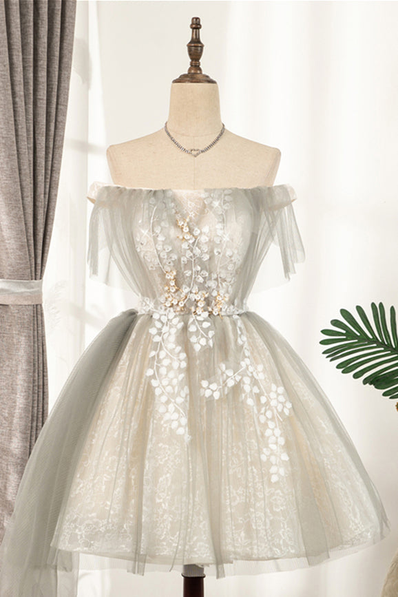 Apricot Flaunt Off-the-Shoulder 3D Appliques Tulle Homecoming Dress