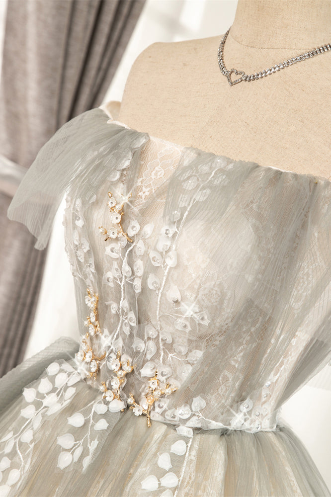 Apricot Flaunt Off-the-Shoulder 3D Appliques Tulle Homecoming Dress