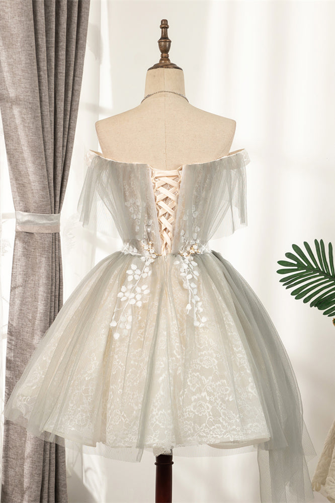 Apricot Flaunt Off-the-Shoulder 3D Appliques Tulle Homecoming Dress