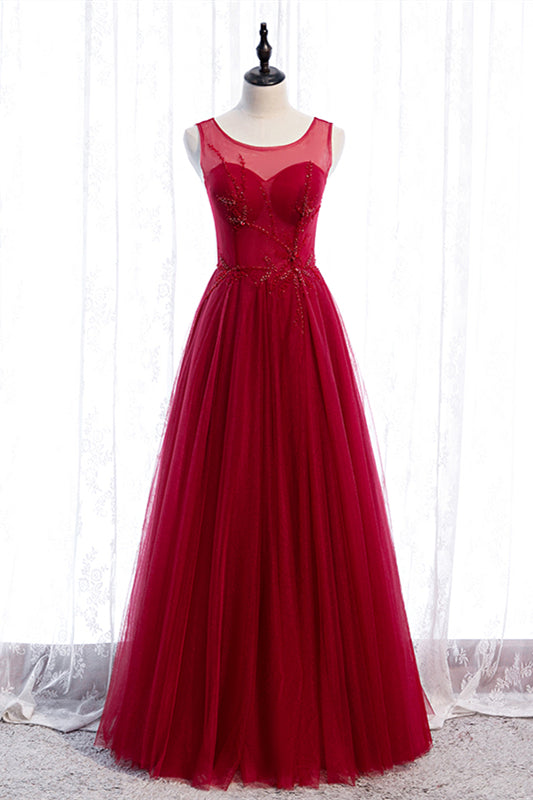 Red A-line Illusion Neck Sweetheart Beaded Appliques Maxi Formal Dress