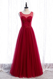Red A-line Illusion Neck Sweetheart Beaded Appliques Maxi Formal Dress