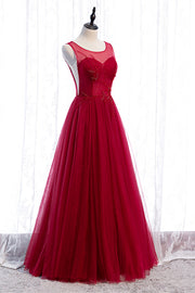 Red A-line Illusion Neck Sweetheart Beaded Appliques Maxi Formal Dress