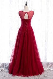 Red A-line Illusion Neck Sweetheart Beaded Appliques Maxi Formal Dress