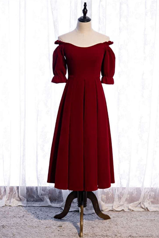 Burgundy Off-the-Shoulder Tea Length Formal Dress with Sleeves