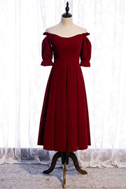 Burgundy Off-the-Shoulder Tea Length Formal Dress with Sleeves