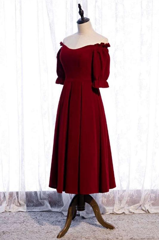 Burgundy Off-the-Shoulder Tea Length Formal Dress with Sleeves