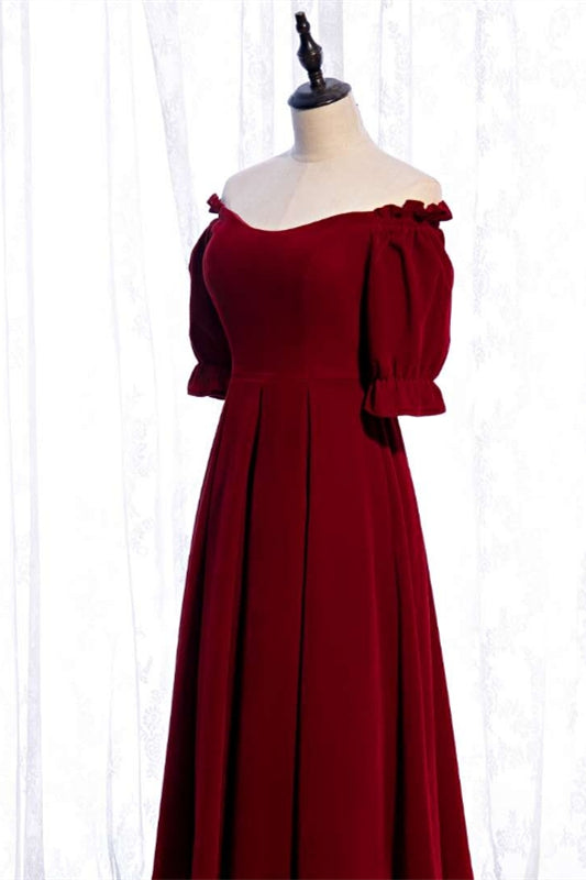 Burgundy Off-the-Shoulder Tea Length Formal Dress with Sleeves