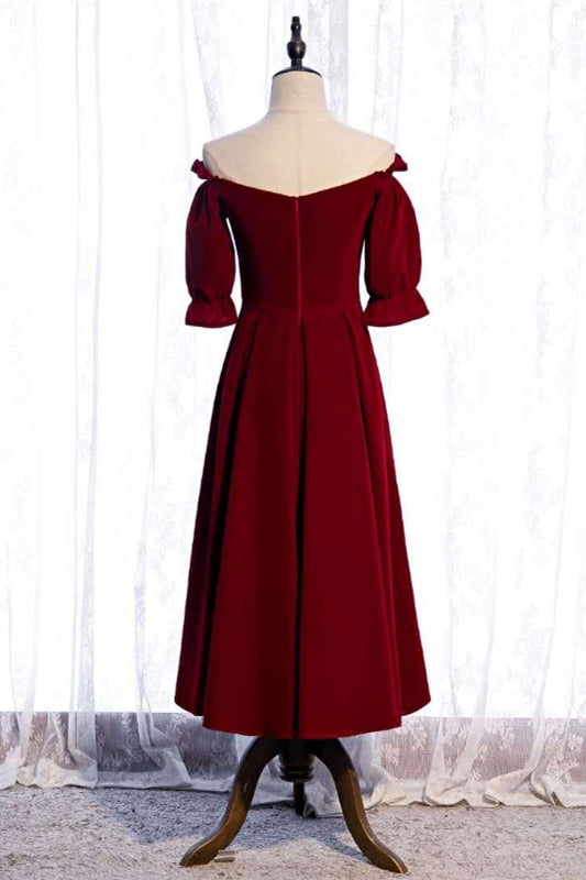 Burgundy Off-the-Shoulder Tea Length Formal Dress with Sleeves