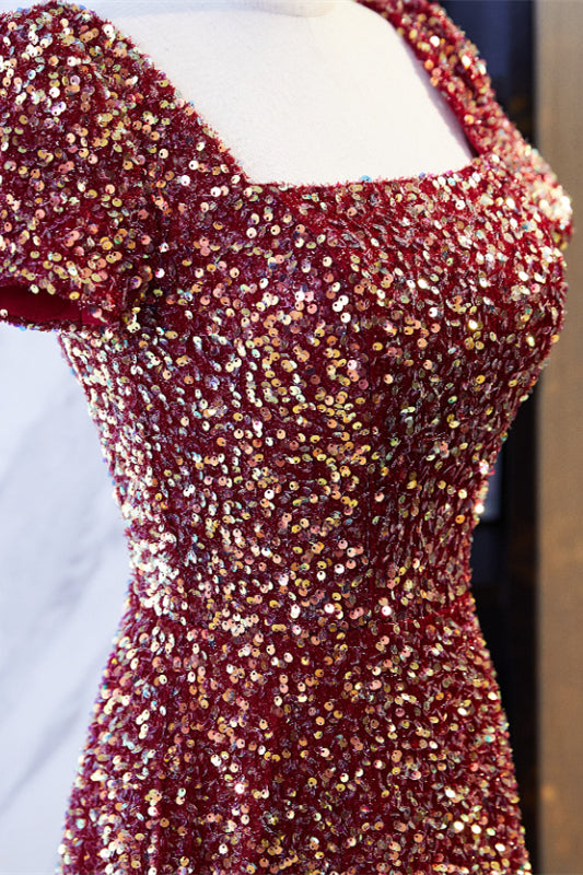 Desert Rose A-line Square Neck Sleeves Sequins Long Formal Dress