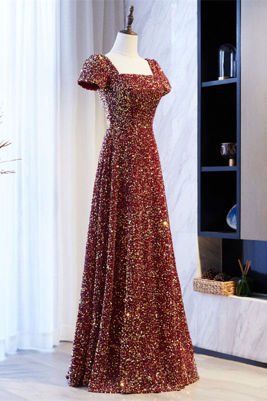 Desert Rose A-line Square Neck Sleeves Sequins Long Formal Dress