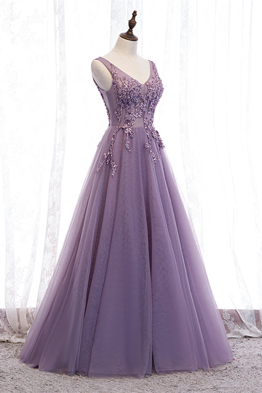 V-Neck Backless Tulle A-Line Lace Appliques Party Prom Dress