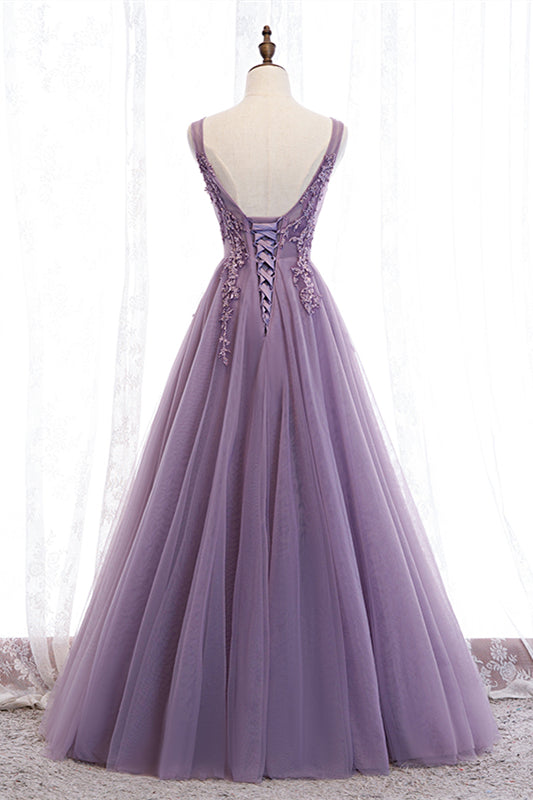 V-Neck Backless Tulle A-Line Lace Appliques Party Prom Dress