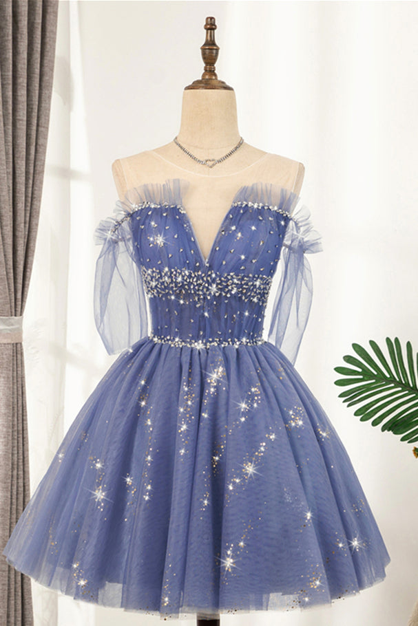 Lavender Illusion Off-the-Shoulder Beaded Ruffle Tulle Homecoming Dress