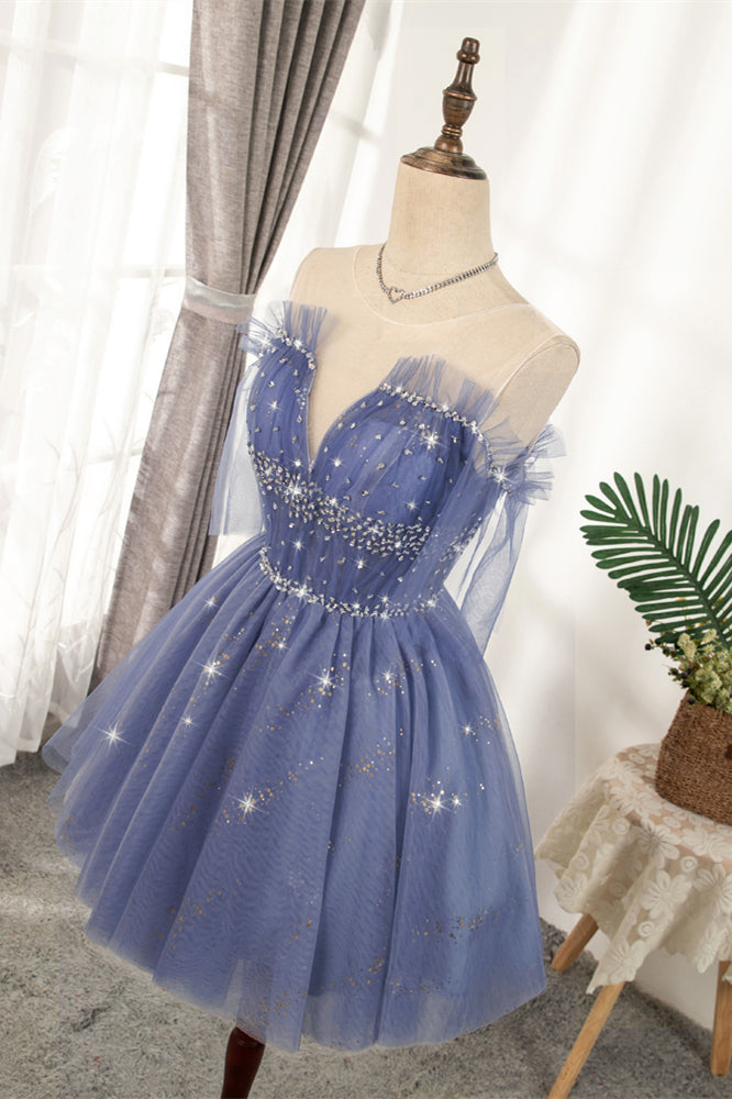 Lavender Illusion Off-the-Shoulder Beaded Ruffle Tulle Homecoming Dress
