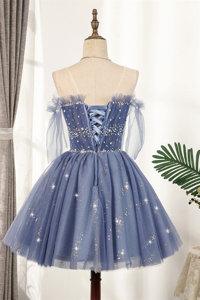 Lavender Illusion Off-the-Shoulder Beaded Ruffle Tulle Homecoming Dress Lavender / Custom Size