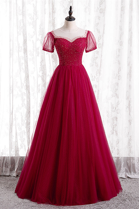 Red Illusion Neck Sheer Puff Sleeves Beaded Tulle Long Formal Dress