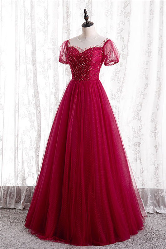 Red Illusion Neck Sheer Puff Sleeves Beaded Tulle Long Formal Dress