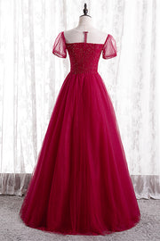 Red Illusion Neck Sheer Puff Sleeves Beaded Tulle Long Formal Dress