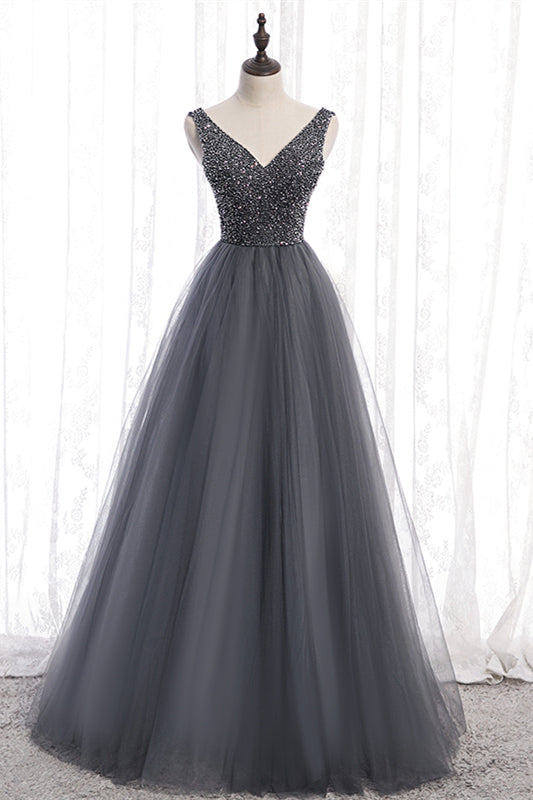 Grey A-line Beaded Top V Neck Tulle Maxi Formal Dress