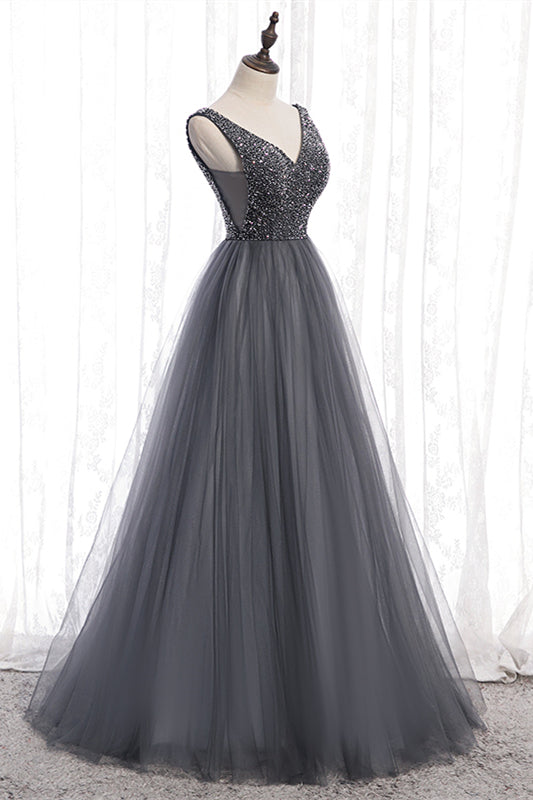Grey A-line Beaded Top V Neck Tulle Maxi Formal Dress
