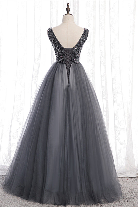 Grey A-line Beaded Top V Neck Tulle Maxi Formal Dress