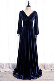 Dark Regency V Neck Long Sleeves Bow Tie Detail Velvet Long Formal Dress