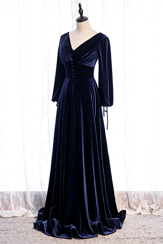 Dark Regency V Neck Long Sleeves Bow Tie Detail Velvet Long Formal Dress