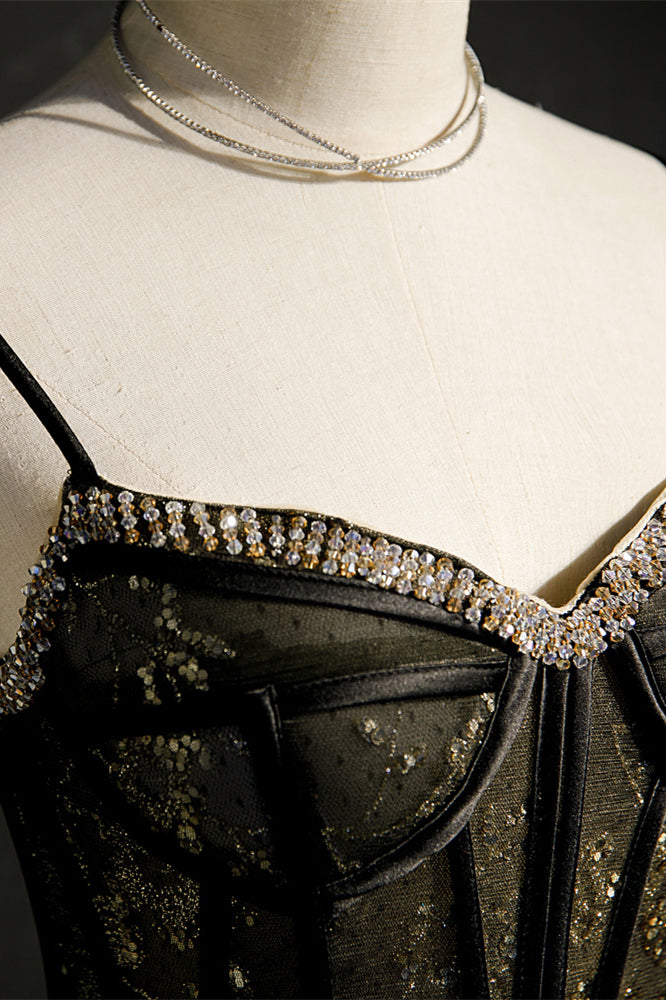 Black Beaded Sparkle-Embroidered Straps Homecoming Dress