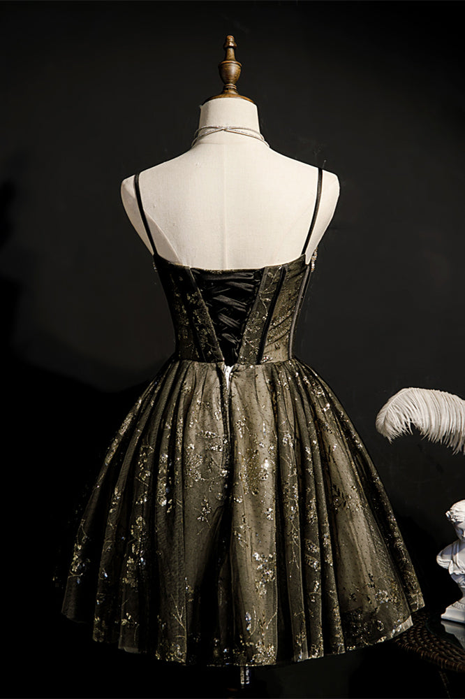 Black Beaded Sparkle-Embroidered Straps Homecoming Dress