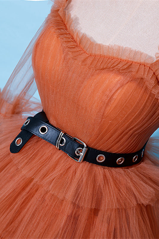 Orange Straps Detachable Illusion Sleeves Multi-Layers Maxi Formal Dress